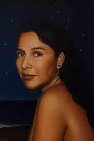 Painting of a woman from a black and white photo by Ernesto Cortissoz