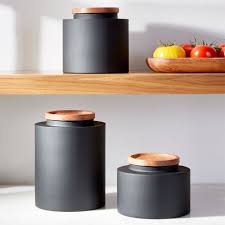 Canister,kitchen canister,set of 3,tin canister,storage jar,spice jar,spice rack,relievo ornamented,coffee canister,sugar and flour canister absolutely unique and french vintage design. Clark Matte Black Canisters Crate And Barrel