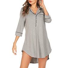 Lelinta Nightgown Women V Neck Nightshirt Boyfriend Sleep Shirt 3 4 Sleeve Button Sleepwear S Xxl