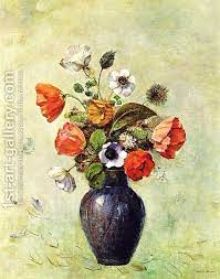 Anemones And Poppies In A Vase Painting By Odilon Redon Reproduction 1st Art Gallery Odilon Redon Oil Painting Gallery Flower Drawing