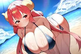 1girls ai generated beach bent over bikini curvaceous curvy curvy  female curvy figure dragon horns horns huge breasts ilulu (dragon maid)  kobayashi-san chi no maidragon novelai ocean pov rainbow