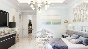 Saat merancang desain interior apartemen 2 kamar tidur, kamu harus memanfaatkan ruang vertikal dengan membuat lemari seperti ini. Kamar Tidur Bergaya Kontemporer Desain Antonovich Mewah