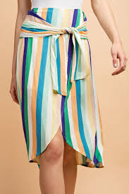 Stripe Print Front Tie Wrap Skirt In Mint Cobalt Mango