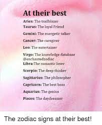This makes you a kind, attentive and deeply loyal lover and friend, but be careful not to stifle people with it, because too much dependency in. At Their Best Aries The Trailblazer Taurus The Loyal Friend Gemini The Energetic Talker Cancer The Caregiver Leo The Entertainer Virgo The Knowledge Database Librathe Romantic Lover Scorpio The Deep Thinker Sagittarius