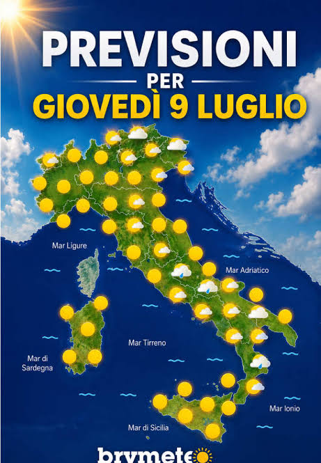 Previsioni per giovedì 9 luglio 2026. Caldo con pochissimi fenomeni #meteo  #temporale #previsioni #previsionimeteo #italia