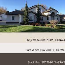 Our cottage style house is painted dorian grey on all the lap siding, with dovetail on the shingled accents and black fox trim. Sherwin Williams Paint Colors Shoji White 7042 Pure White 7005 Black Fox 7020 House Paint Exterior Sherwin Williams Exterior Home Decor Styles