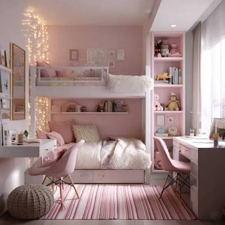 Blush Pink Modern Kids Bedroom Design with Two-Sharing Bunk Bed with Wall Storage | Livspace