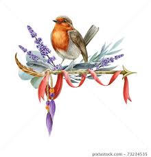 Robin bird with boho style floral arrangement....
