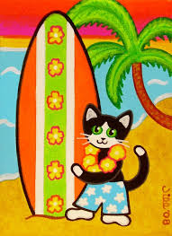 Black And White Tuxedo Cat Clipart Tropical Tuxedo Cat With Surfboard On The Beach Folk Art Print From Original Painting By Jill Whimsical Art Cat Art Art