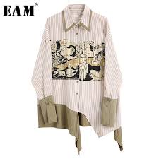 Eam 2019 New Autumn Winter Lapel Long Sleeve Print Pattern Irregular Button Personality Shirt Women Blouse Fashion Tide Jx Zhenskie Bluzki Naryady Modnye Stili