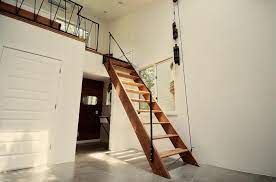 View Of Pull Up Attic Style Stairs From The Other Room So Here S How I Can Pull Off The Efficiency Kitchen Be Loft Stairs Attic Renovation Loft Stairs Ideas