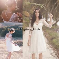 Little White Dress Short Beach Wedding Dresses Lace 3 4 Sleeves Illusion V Neck Holiday Lace Beach Wedding Dress Sheer Wedding Dress Short Wedding Dress Beach