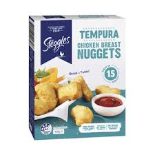 200 calories, 13 g fat (2.5 g saturated fat), 430 mg sodium, 12 g carbs, 0 g fiber, 1 g sugar, 9 g protein calories, fat, sodium per gram: Steggles Frozen Tempura Chicken Breast Nuggets Coles Online
