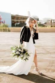 Botanical Black And White Millwick Wedding In Los Angeles Junebug Weddings Leather Wedding Dress Minimalist Wedding Dresses Leather Jacket Wedding