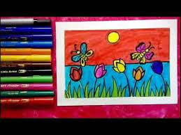 How To Draw Butterfly And Flower Scenery For Kids Learn Colors And Easy Drawings For Kids Youtube Butterfly Drawing Easy Drawings Easy Butterfly Drawing