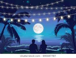 Our favorites here in myrtle beach include the sunset & moonlight cruises with wallace sailing charters and the private sunset cruises with enchanted sailing charters. Romantic Night Beach Scene With A Couple Sitting On The Beach Under The Full Moon Palms And Hangi Beach Illustration Romantic Sunset Painting Beach Art Vector