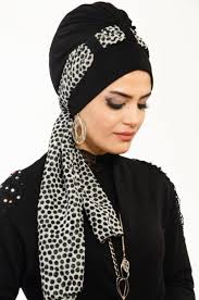 Aise Tesettur Siyah Benekli Fularli Sal Bone 1 Sal Guzel Turban Moda