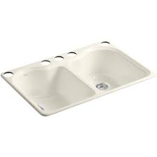 Premium 304 series stainless steel thickness: Kohler Hartland Undermount Cast Iron 33 In 5 Hole Double Bowl Kitchen Sink In Biscuit K 5818 5u 96 The Home Depot