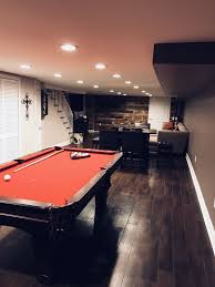 Narrow Basement Mancave With 7ft Burgundy Pooltable From Pool Tables Com Spencer Marathon Pallet Man Cave Basement Man Cave Basement Diy Man Cave Bar Diy