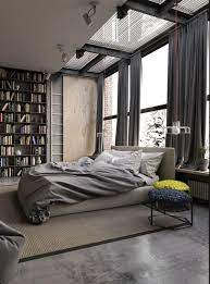 Cool Masculine Bedroom For Mens Gray Colors Apartment With Big Wall Bookshelf Decor Industrial Style Bedroom Industrial Bedroom Design Home Decor Bedroom