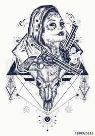 Mexican Criminal Tattoo Art And T Shirt Design Wild West Woman Bull Skull And Mountains Tattoo Santa Muerte Girl Sugar Skull Santa Muerte Mexican Woman Old Revolvers Crime Scene Buy This Stock You can also upload and share your favorite santa muerte wallpapers. mexican criminal tattoo art and t shirt