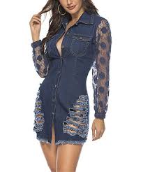 53 Vicky And Lucas Dark Blue Denim Distressed Sheer Sleeve Button Front Sheath Dress Women Z Long Sleeve Casual Dress Denim Shirt Dress Spring Denim Dress