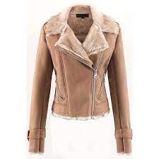 Coffee Suede Faux Fur Zipper Up Pockets Chic Moto Jacket 82 Liked On Polyvore Featuring Outerwear Jac Leather Jackets Women Clothes Faux Fur Suede Jacket