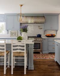 Benjamin Moore Pilgrim Haze Cabinets Furniture Feet Instead Of Toekicks Gray Tile And White Blue Gray Kitchen Cabinets Grey Blue Kitchen Kitchen Furnishings