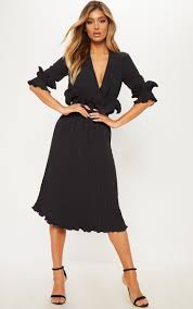 Black Frill Detail Pleated Midi Dress In 2020 Pleated Midi Dress Fashion Clothes Women Midi Dress
