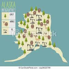 Clickable map of alaska's regions geography and climate play a larger part in the history of alaska than in that of many other regions. Alaska Map Natural Resources Oil And Wood Animals Of Alaska Bears And Moose Infographics Of Alaska Vector Illustration Canstock