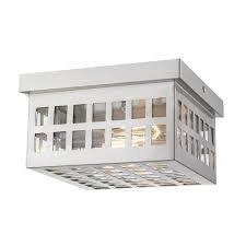 This flush mount fixture has a sturdy, almost nautical aesthetic that looks great with many different architectural and decor styles. Letzel 2 Light Satin Nickel Exterior Flush Mount Fixture Overstock 28180194