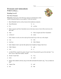 Complete the following sentences using suitable pronouns. Pronoun And Antecedent Test With Cowboys Reading Level 2 Preview