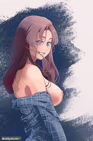 1girls absurdres alternate eye color alternate hair color artist  name bambietta basterbine bleach bleach: the thousand-year blood war blue  eyes brown hair exposed breasts flannel shirt highres large breasts