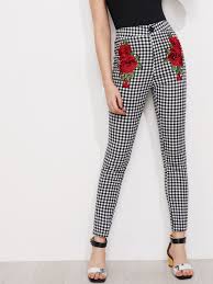Black And White Gingham Pants Shop 3d Rose Applique Skinny Gingham Pants Online Shein Offers 3d Rose Applique Skinny Gingham Pants More T Gingham Pants High Waisted Pants Pants For Women