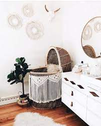 Boho Nursery With A Wicker Bassinet With Macrame Boho Baby Room Wicker Bassinet Baby Room Decor