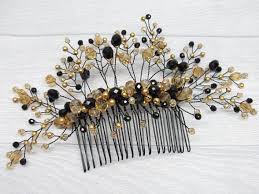 Black And Gold Hair Piece Black Gold Hair Comb Bride Crystal Bridal Hair Vines Crystal Etsy In 2020 Crystal Bridal Hair Vine Bridal Hair Vine Gold Hair