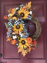Black And White Wreath Ideas Sunflower Wreath Fall Wreath Black And White Buffalo Check Ribbon Fall Decor Wreaths Fall Decorations Porch Sunflower Wreaths