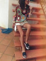 Tank Top Crochet Lace Handmade Top Long Sleeves Summer Top Colourful Crochet Colorful Crochet Colorful Colorful Floral Bright Crochet White Leather Shorts Black Sandals White Bag Wheretoget