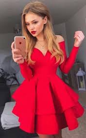 A Line Off The Shoulder Long Sleeves Red Tiered Homecoming Dress Party Dresses With Sleeves Red Homecoming Dresses Long Sleeve Homecoming Dresses