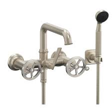 Maybe you would like to learn more about one of these? California Faucets 8508w Etw 18 Sn Satin Nickel Steampunk Bay Wall Mounted Tub Filler With Wheel Handles Includes 1 8 Gpm Hand Shower Faucetdirect Com