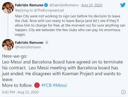 Tijdens de transferperiodes heeft de italiaanse journalist de ene op de dag dat de deal werd gesloten plaatsten zij een tweet met 'here we go'. Messi And Barcelona Agreed To Terminate The Contract Free Press