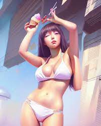 A cute bikini girl with big boob eating ice cream by Jotarun Lin -  Playground AI