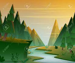 Cartoon Forest Landscape With Mountains River And Fir Trees Royalty Free Cliparts Vectors And Stock Illustration Image 67944328