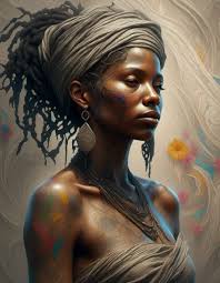 lora:Post-impressionism:1.0> Slightly smiling Black woman wrapped in old  linen bandages decorated with colorful arabesque tattoos photoreal...