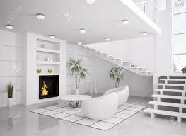 This stone example is a stunner, juxtaposing fantastically against the smooth, grey wall above. Modern White Interior Of Living Room With Fireplace And Staircase Stock Photo Picture And Royalty Free Image Image 8040640