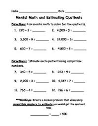 Mental Math And Estimating Quotients Quiz Worksheet Mental Math Math Division Estimating Quotients