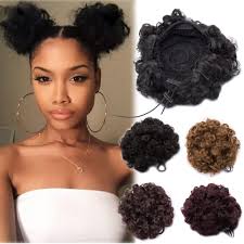 The bun is one of the most versatile hairstyles of all time. Amazon Com African American Kinky Curly Updo Fluffy Scrunchy Hairpiece Afro Puff Drawstring Ponytail Chignon Hair Bun Extensions With 2 Clips For Black Women Wine Red 1pc Beauty