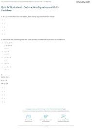 Pocketmath.net provides good tips on solving for a variable worksheet, subtracting rational and multiplying and other math subjects. Quiz Worksheet Subtraction Equations With 2 Variables Study Com