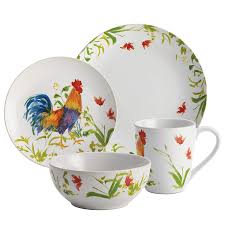 4 dinner plate, 4 salad plate, 4 cereal bowl and 4 mug. Bonjour Meadow Rooster Dinnerware Everything Log Homes