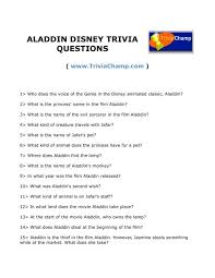 If you want to download the questions posted above, click here for the pdf file . Aladdin Disney Trivia Questions Trivia Champ